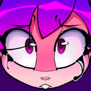 CupOfUwU's fursona, a pink cat with blue eyes
